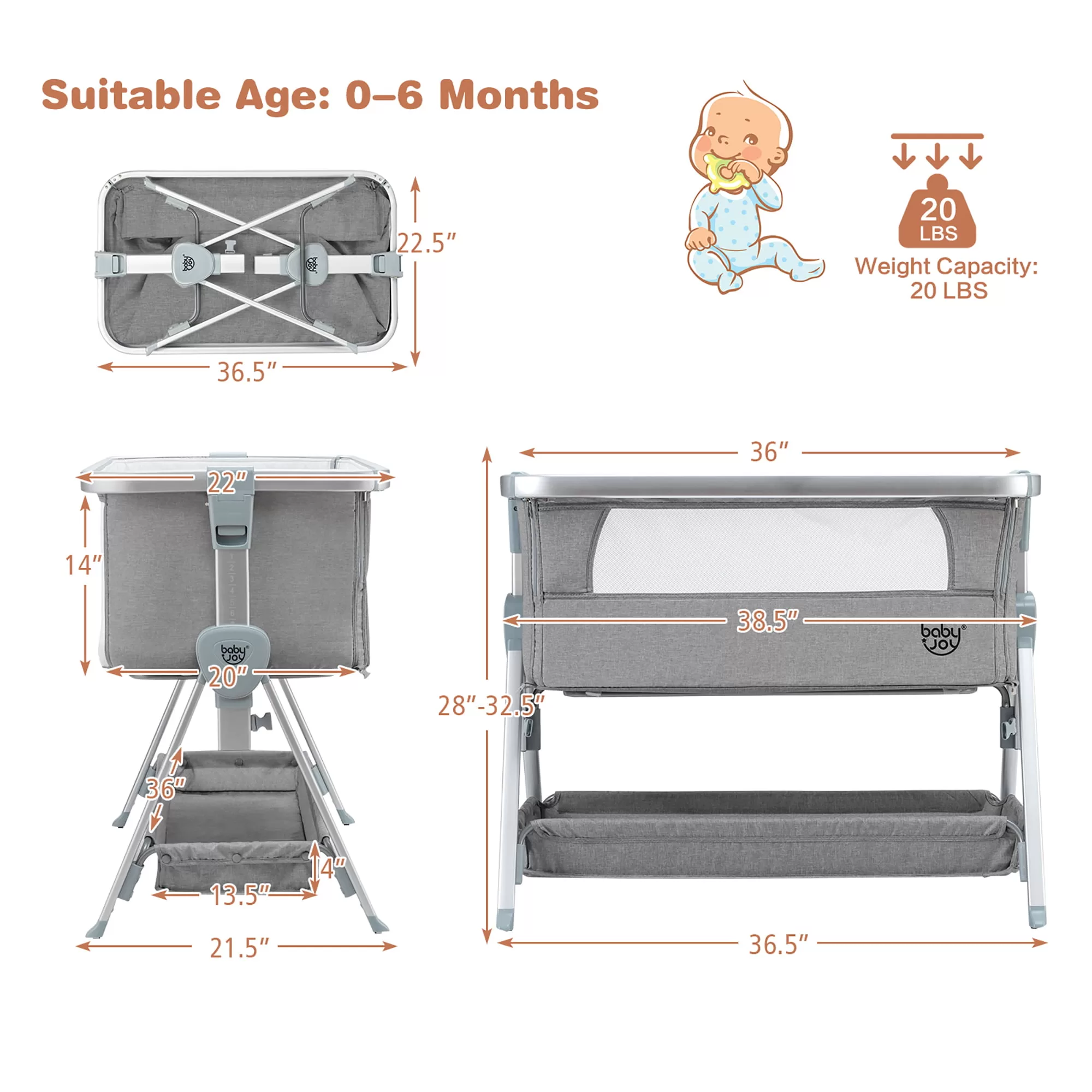 Babyjoy Baby Bed Side Crib Portable Adjustable Infant Travel Sleeper Bassinet Light Grey