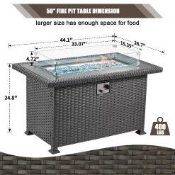 44 in Propane Fire Pit Table,Rattan Fire Pit Table with Lid, Waterproof Cover, 50,000 BTU Gas Firepits for Outside Output