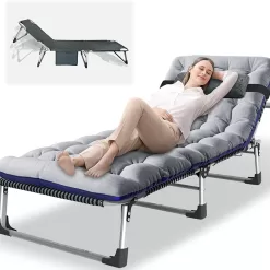 Slsy Folding Sleeping Cots Bed with 2 Sided Mattress & Pillow, Folding Camping Cot, Adjustable 4-Position Folding Lounge Chair