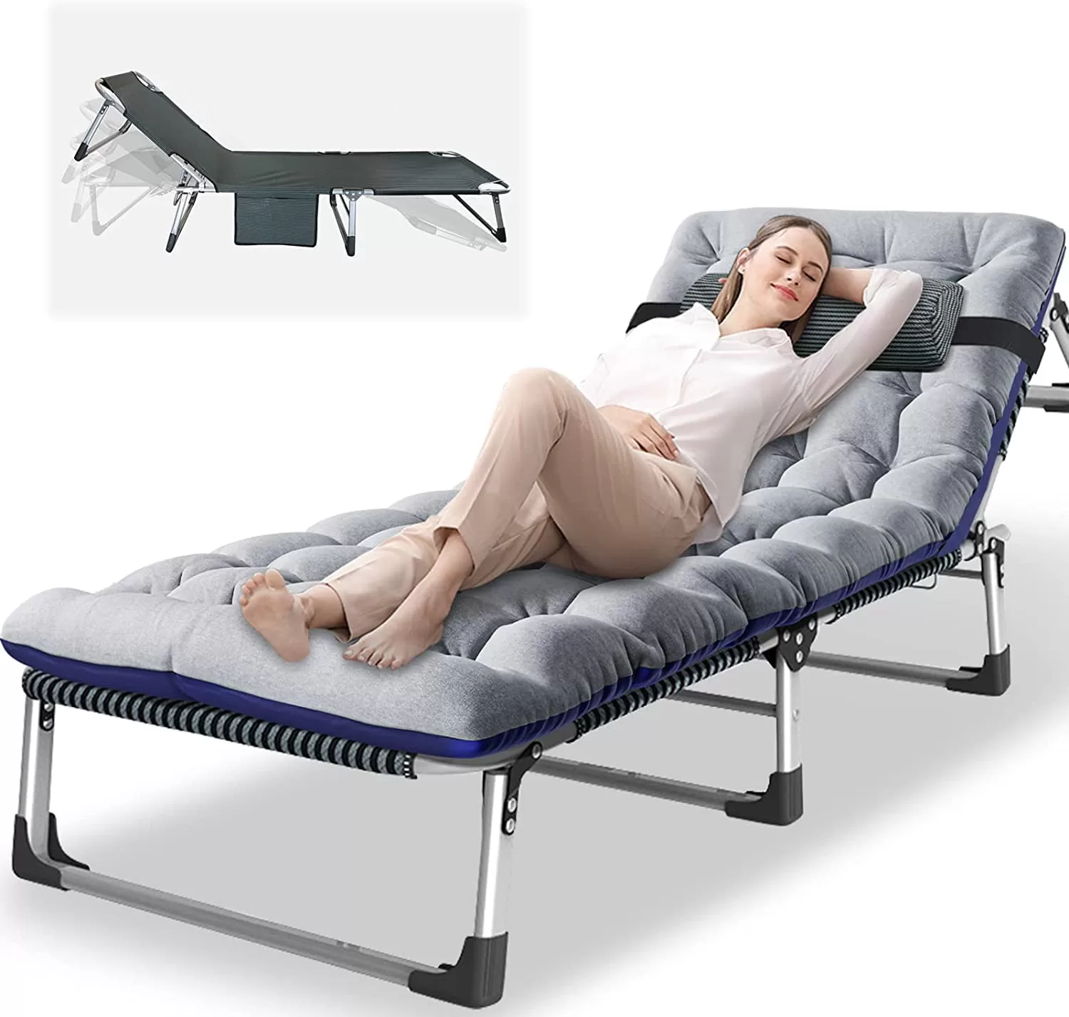 Slsy Folding Sleeping Cots Bed with 2 Sided Mattress & Pillow, Folding Camping Cot, Adjustable 4-Position Folding Lounge Chair