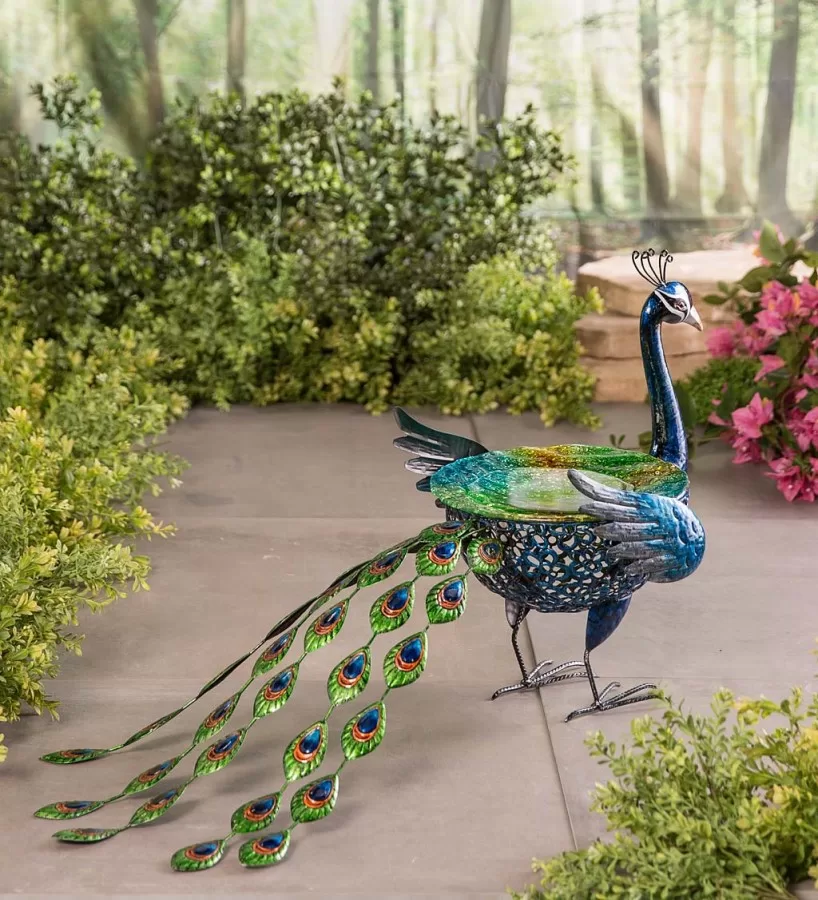 Wind & Weather Vibrant Metal Peacock Birdbath with Glass Bowl