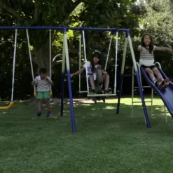 Sportspower Outdoor Super 8 Fun Metal Swing Set with 6ft Heavy Duty Slide, Saucer Swing, and Rocking Horse