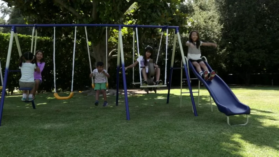 Sportspower Outdoor Super 8 Fun Metal Swing Set with 6ft Heavy Duty Slide, Saucer Swing, and Rocking Horse