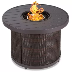 Best Choice Products 32in Round Gas Fire Pit Table, 50,000 BTU Outdoor Wicker Patio Propane Firepit w/ Cover - Brown