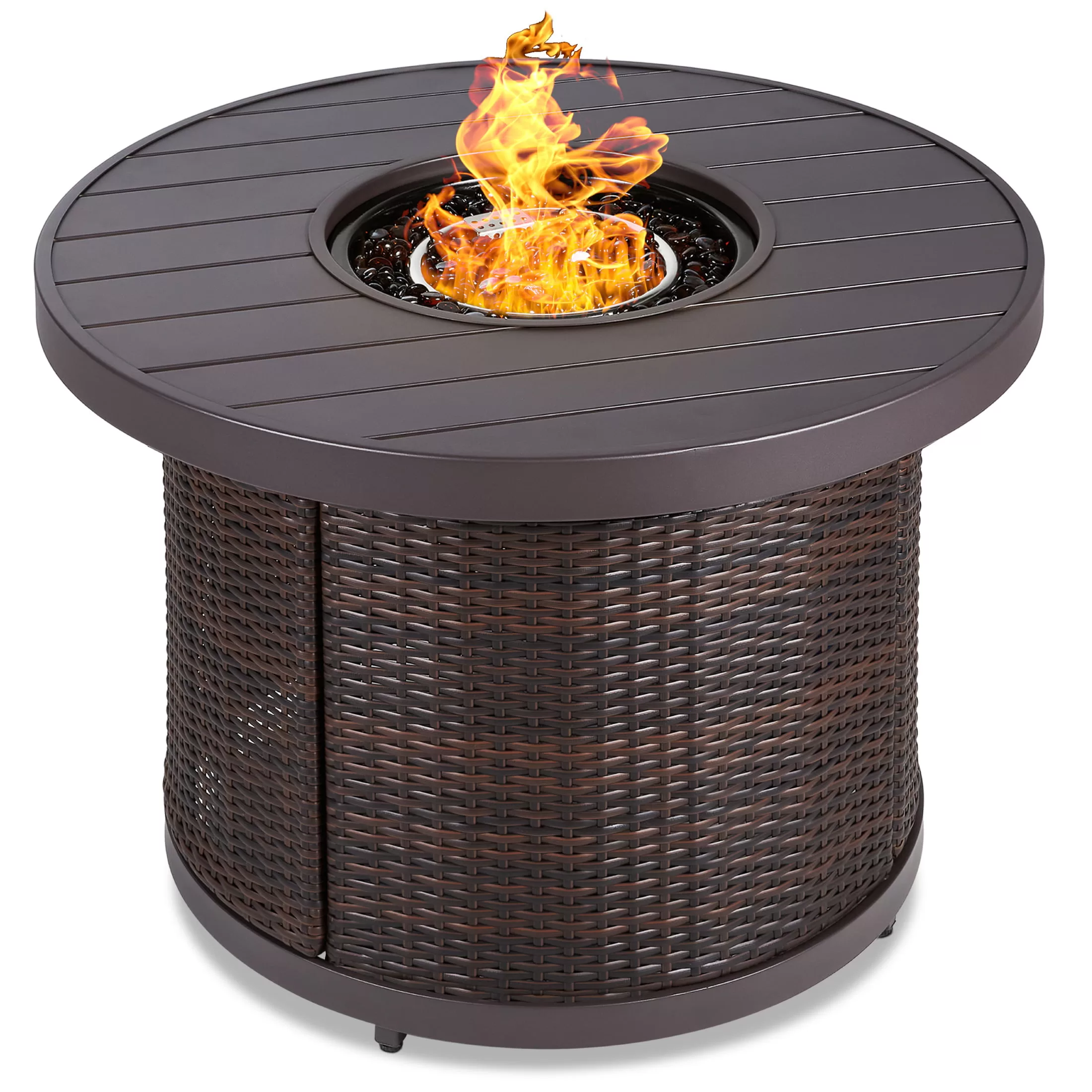 Best Choice Products 32in Round Gas Fire Pit Table, 50,000 BTU Outdoor Wicker Patio Propane Firepit w/ Cover - Brown