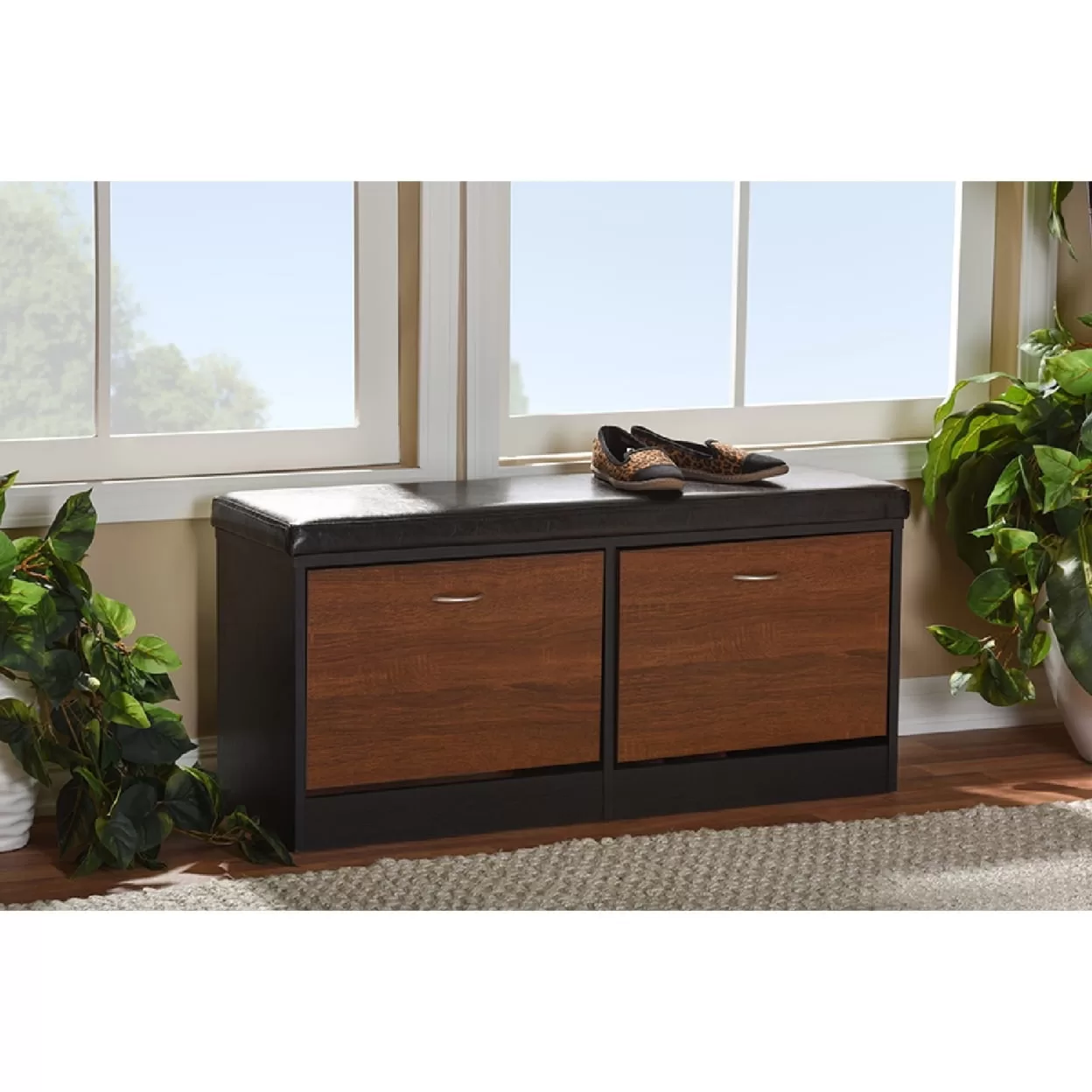 Baxton Studio Foley Entryway Cushioned Bench Shoe Rack Cabinet Organizer