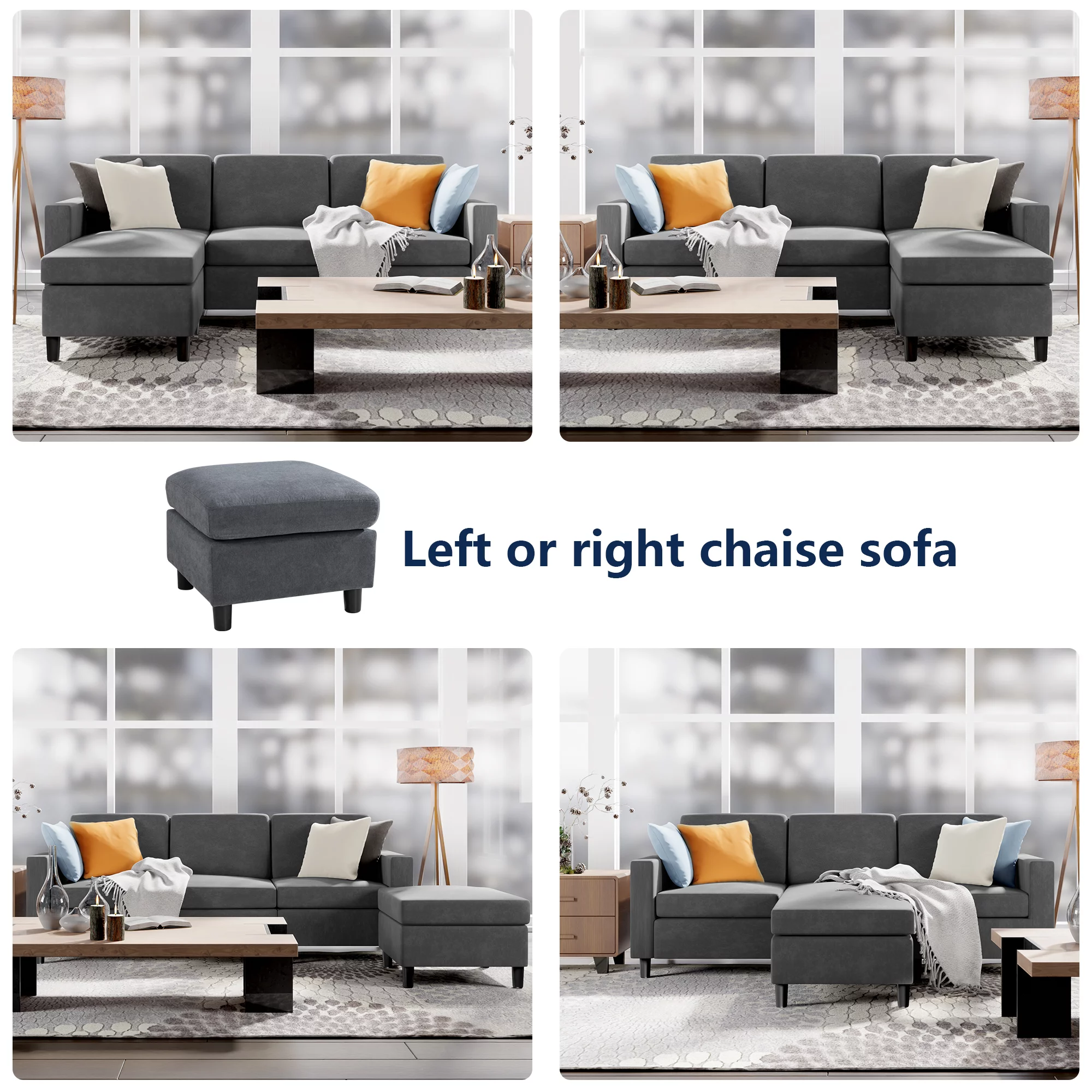 Walsunny Convertible Sectional Reversible Chaise, L-Shaped Sofa with Modern Linen Fabric(Gray)