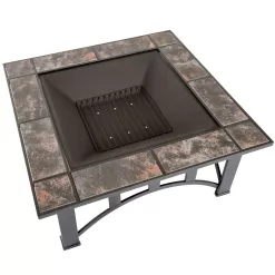 Fire Pit Set, Wood Burning Pit - Includes Screen, Cover and Log Poker - Great for Outdoor and Patio, 33 inch Square Marble Tile Firepit by Pure Garden