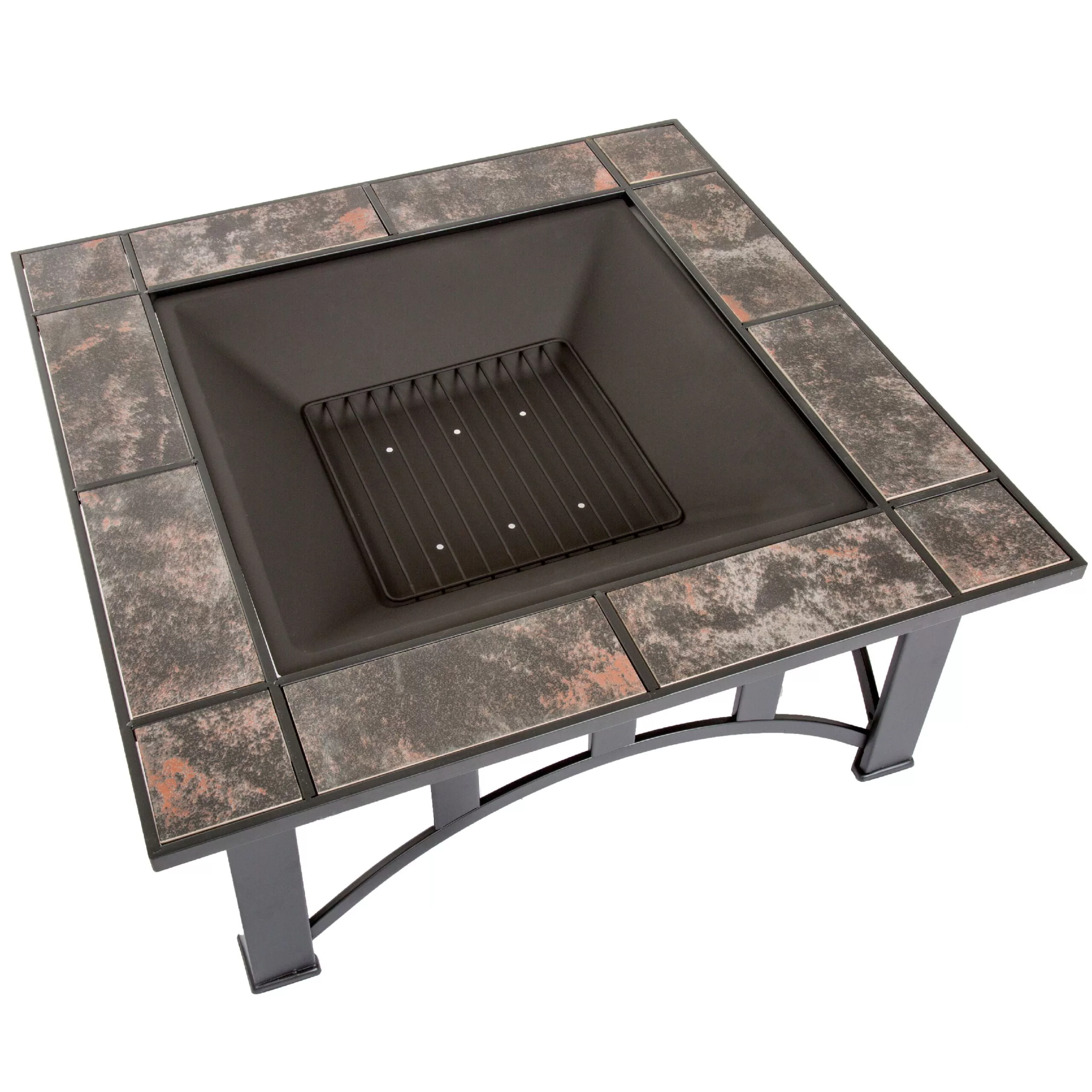 Fire Pit Set, Wood Burning Pit - Includes Screen, Cover and Log Poker - Great for Outdoor and Patio, 33 inch Square Marble Tile Firepit by Pure Garden