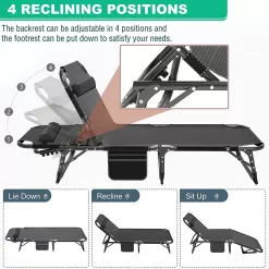 Slsy Folding Bed Cot with 3.3 Inch Mattress & Pillow, 4-Reclining Position Lounge Chair, 75.2