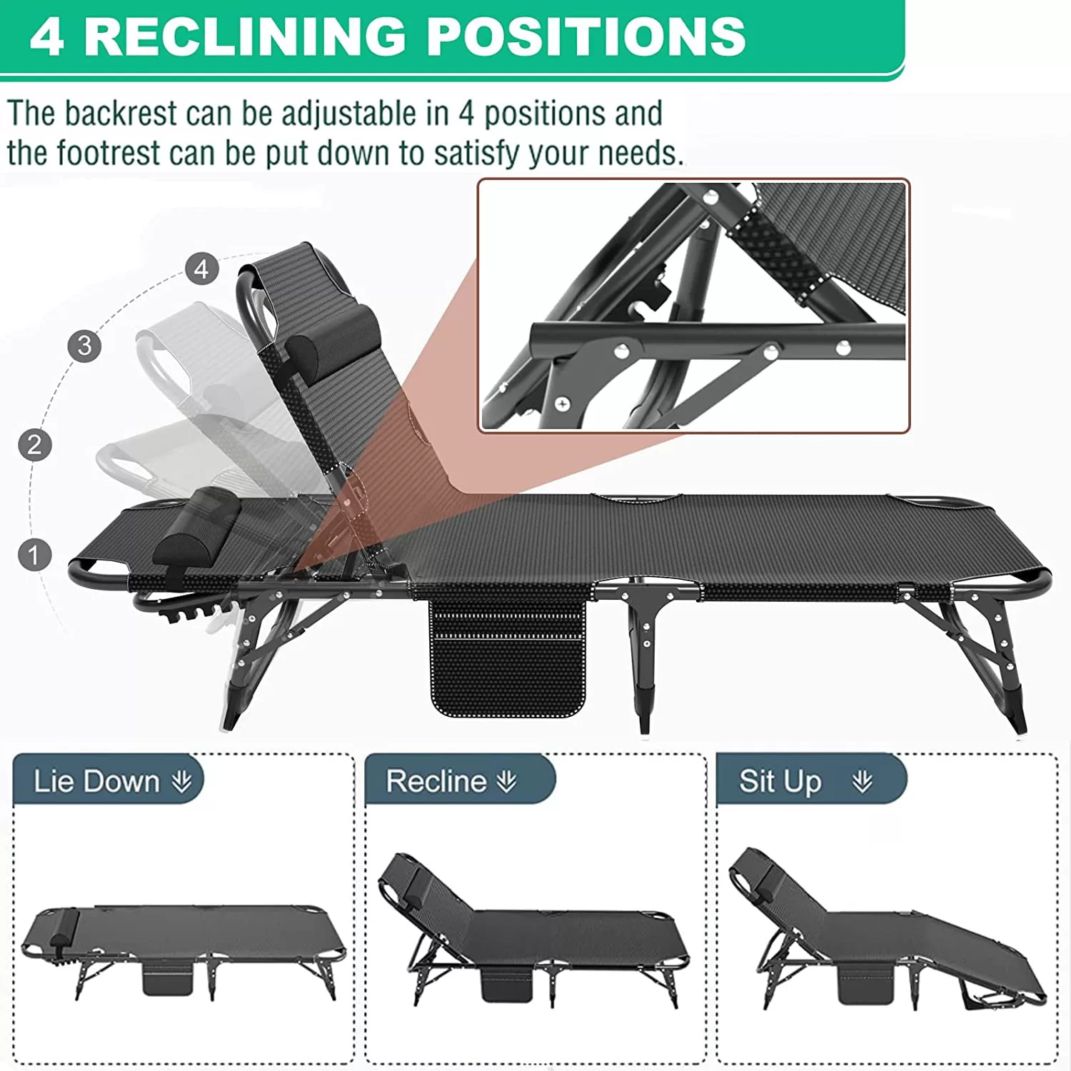 Slsy Folding Bed Cot with 3.3 Inch Mattress & Pillow, 4-Reclining Position Lounge Chair, 75.2"* 26.8" Sleeping Cot Guest Bed, Folding Camping Cots