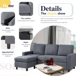 Walsunny Convertible Sectional Reversible Chaise, L-Shaped Sofa with Modern Linen Fabric(Gray)
