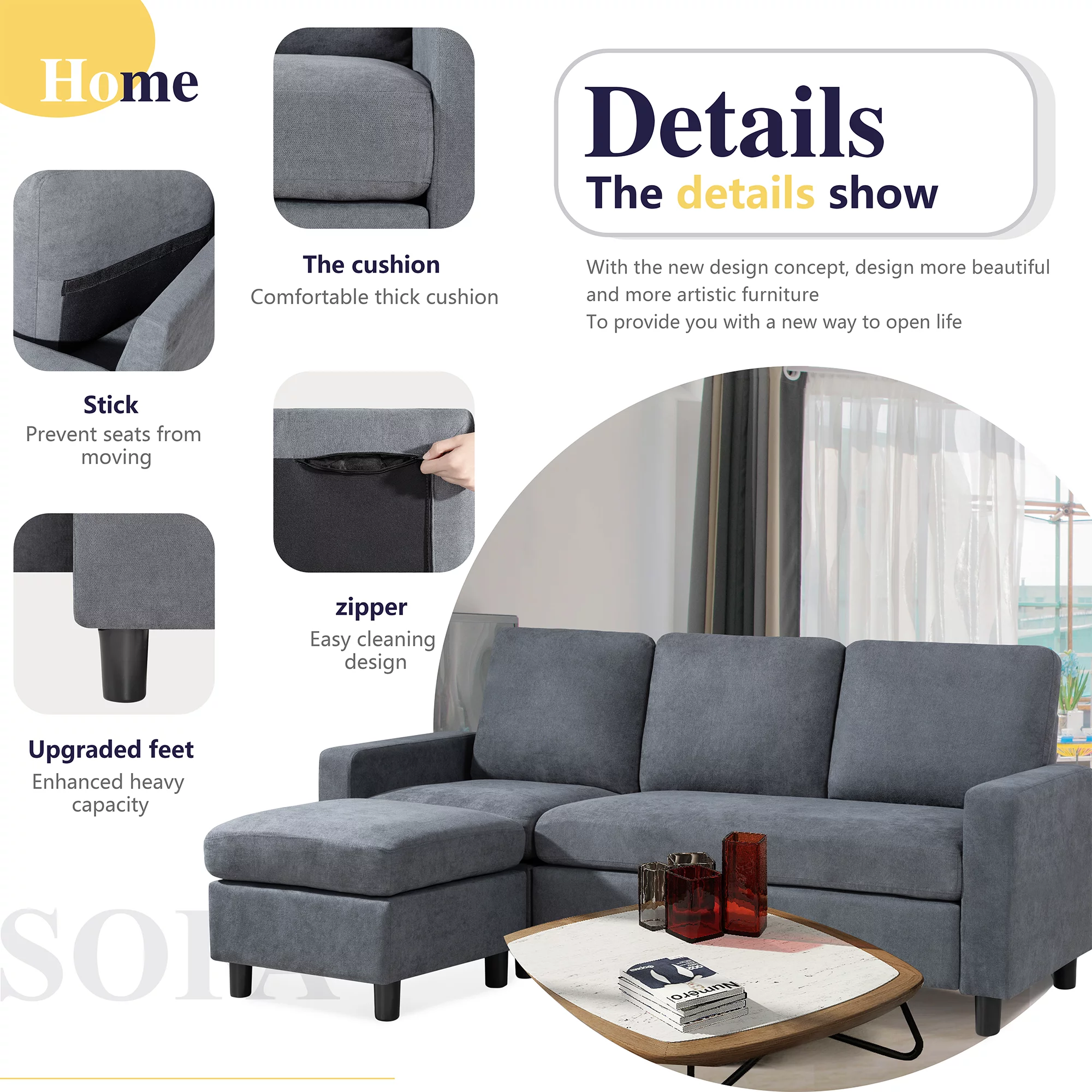 Walsunny Convertible Sectional Reversible Chaise, L-Shaped Sofa with Modern Linen Fabric(Gray)