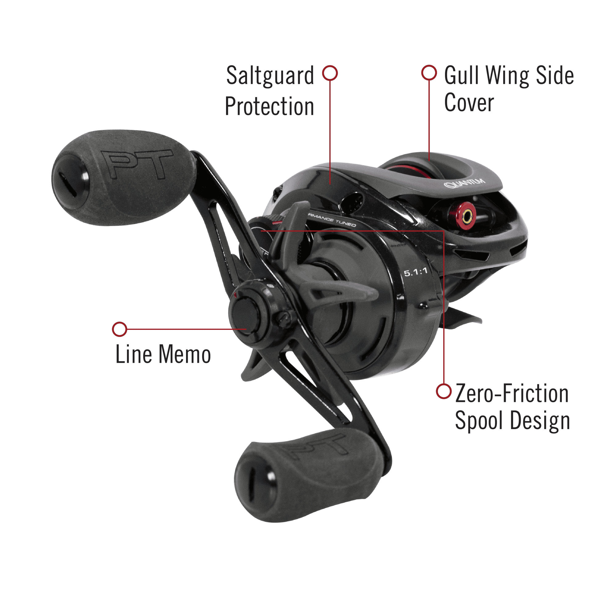 Quantum Smoke Baitcast Fishing Reel, Size 100 Reel, Right-Hand Retrieve, Large EVA Handle Knobs and Continuous Anti-Reverse Clutch, 10+1 Bearings, 5.1:1 Gear Ratio, Black