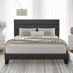 Allewie Queen Size Platform Bed Frame with Fabric Upholstered Headboard, Dark Grey