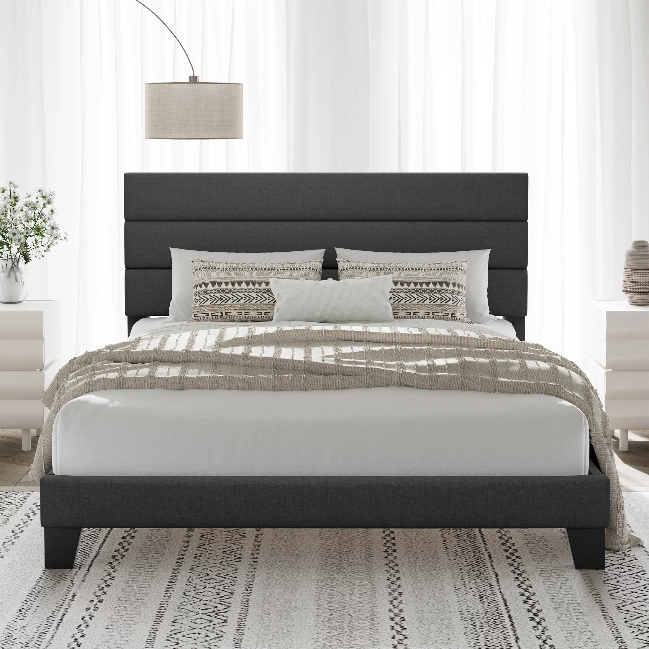 Allewie Queen Size Platform Bed Frame with Fabric Upholstered Headboard, Dark Grey