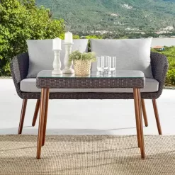 Athens Brown All-Weather Wicker Outdoor Loveseat with Light Gray Cushions