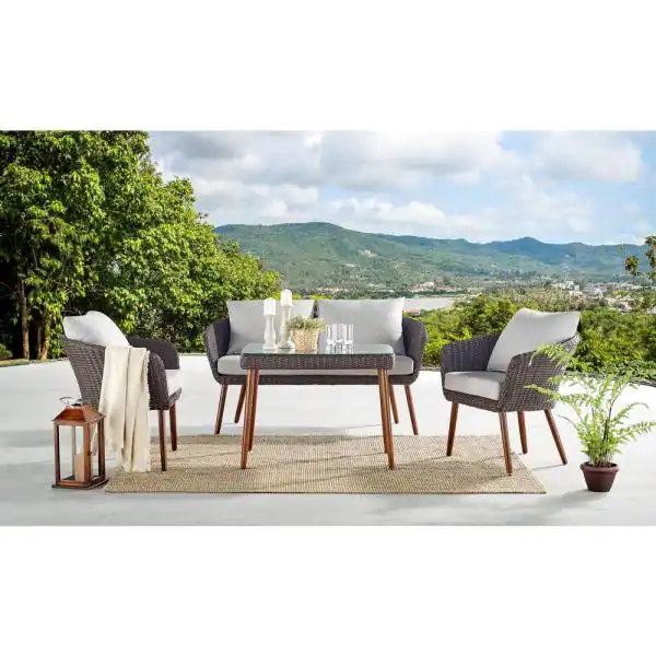 Athens Brown All-Weather Wicker Outdoor Loveseat with Light Gray Cushions