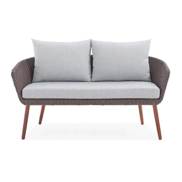 Athens Brown All-Weather Wicker Outdoor Loveseat with Light Gray Cushions