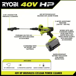 RYOBI RY124052KVNM 40-Volt HP Brushless EZClean 600 PSI 0.7 GPM Cold Water Power Cleaner with 2.0 Ah Battery and Charger