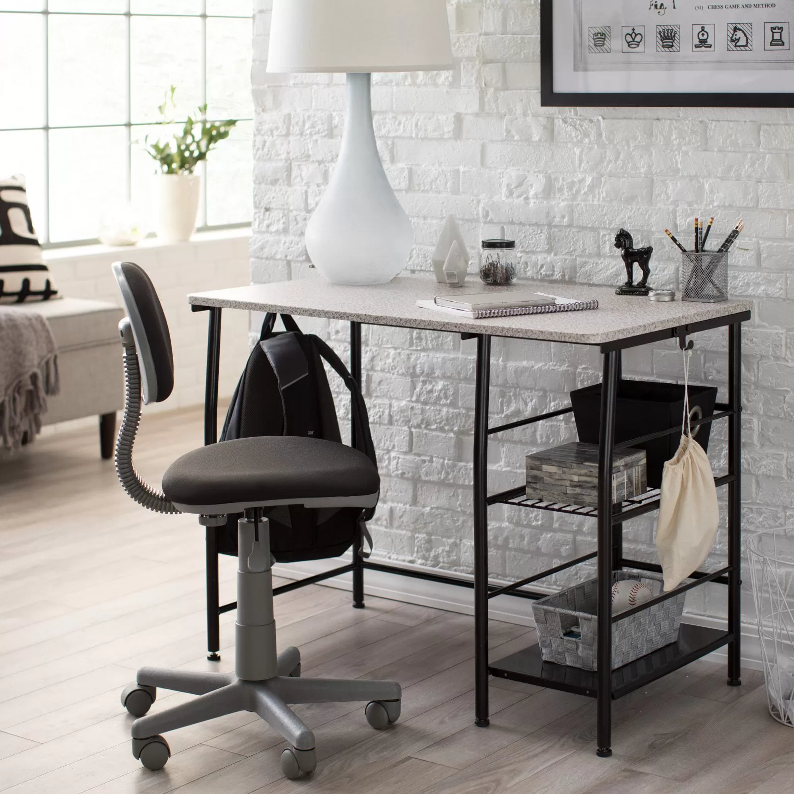 Calico Designs Study Zone II Writing Desk (39.5" W x 23.75" D top) and Task Chair Set in Black and Spatter Gray