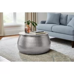 Calluna 31 in. Silver Medium Round Metal Coffee Table with Lift Top
