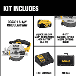DEWALT Circular Saw DCS391P1 20-Volt MAX Cordless 6-1/2 in. with 20-Volt Battery 5.0Ah & Charger