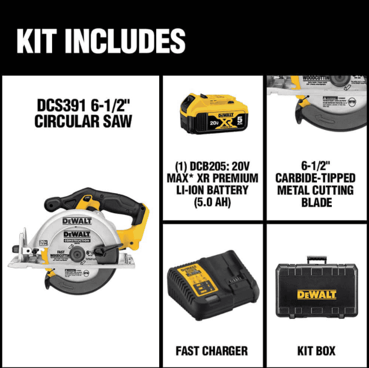 DEWALT Circular Saw DCS391P1 20-Volt MAX Cordless 6-1/2 in. with 20-Volt Battery 5.0Ah & Charger