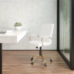 Flash Furniture Mid-Back White LeatherSoft Executive Swivel Office Chair with Gold Frame and Arms