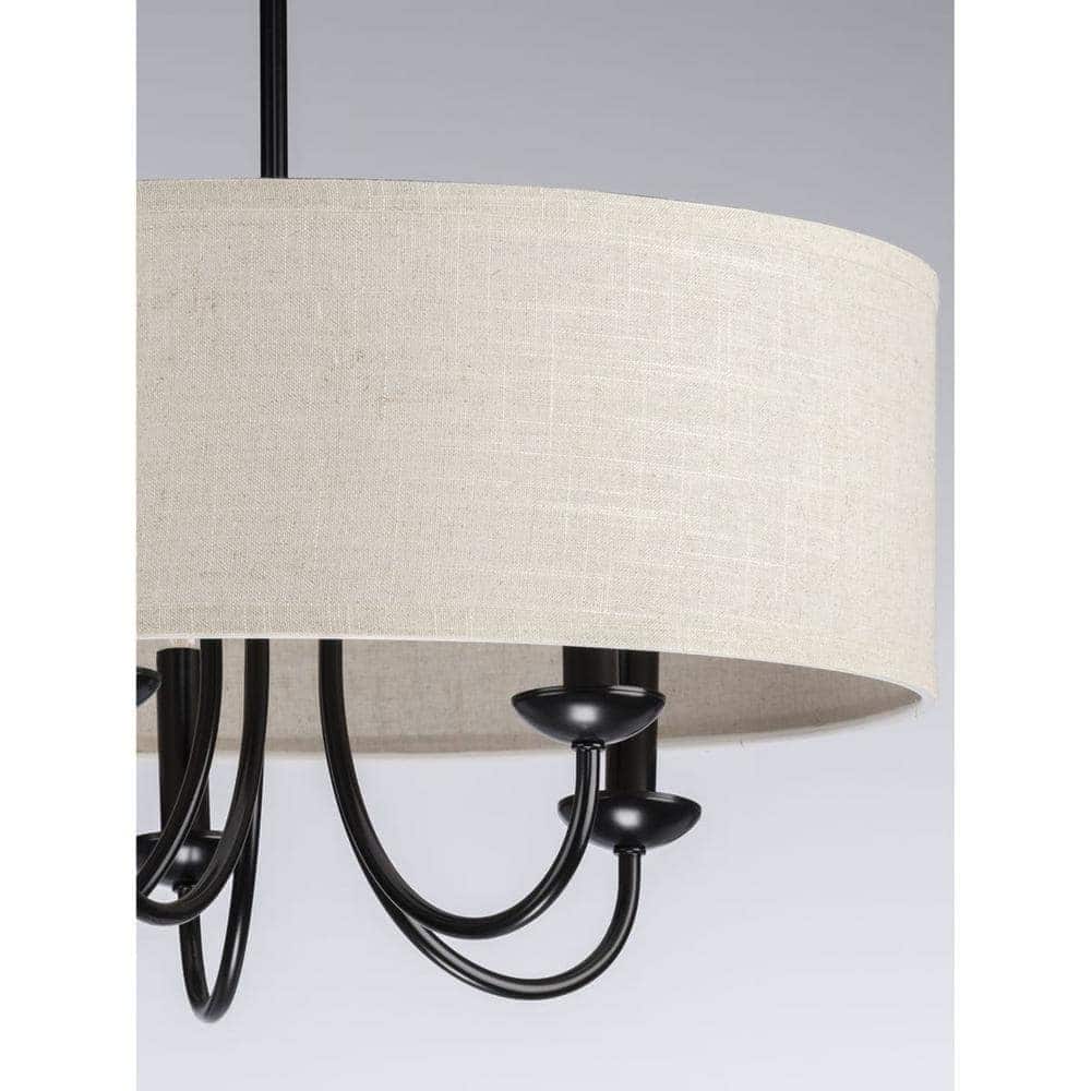 Progress Lighting Drum P400193-031 Shade Collection Farmhouse 21-5/8 in. 5-Light Matte Black with Harvest Linen Shade Chandelier Light