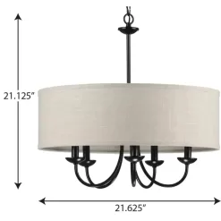 Progress Lighting Drum P400193-031 Shade Collection Farmhouse 21-5/8 in. 5-Light Matte Black with Harvest Linen Shade Chandelier Light