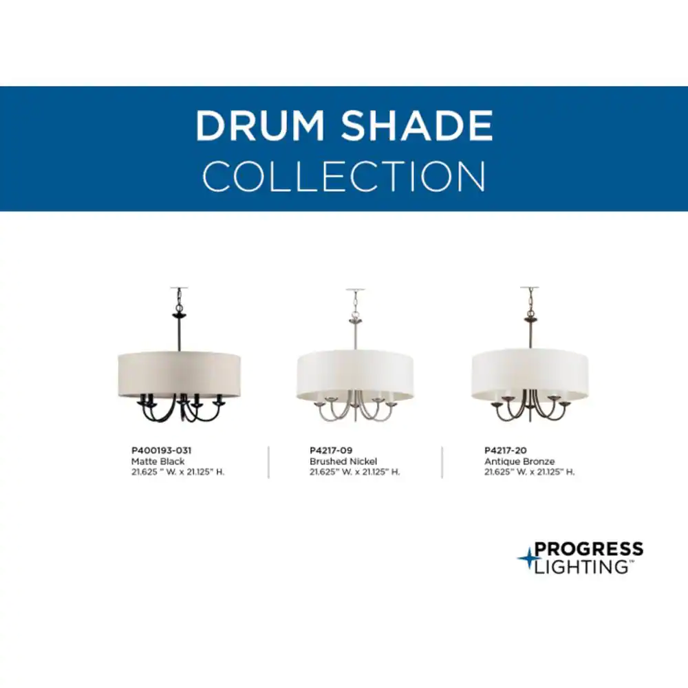 Progress Lighting Drum P400193-031 Shade Collection Farmhouse 21-5/8 in. 5-Light Matte Black with Harvest Linen Shade Chandelier Light