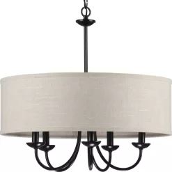 Progress Lighting Drum P400193-031 Shade Collection Farmhouse 21-5/8 in. 5-Light Matte Black with Harvest Linen Shade Chandelier Light