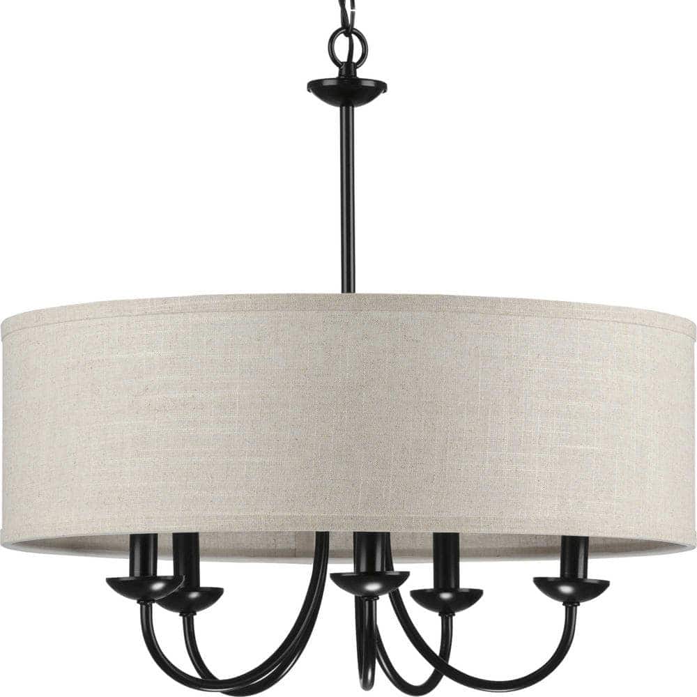 Progress Lighting Drum P400193-031 Shade Collection Farmhouse 21-5/8 in. 5-Light Matte Black with Harvest Linen Shade Chandelier Light