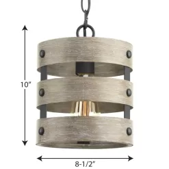 Progress Lighting P500022-143 Gulliver 8-1/2 in. 1-Light Graphite Coastal Drum Mini-Pendant with Weathered Gray Wood Accents