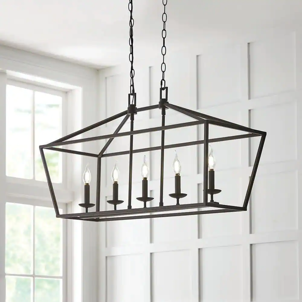 Home 5-76201 Decorators Collection Weyburn 5-Light 36 in. Bronze Caged Farmhouse Linear Island Hanging Chandelier for Kitchen