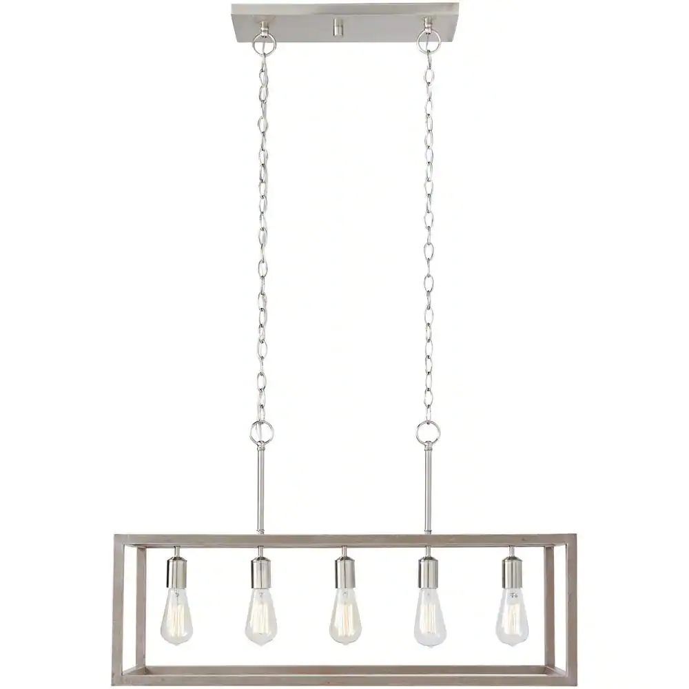 Hampton Bay Boswell 7965HBBNDI Quarter 34 in. 5-Light Brushed Nickel Farmhouse Linear Chandelier with Weathered Wood Accents