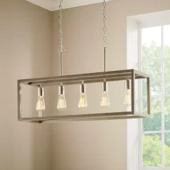 Hampton Bay Boswell 7965HBBNDI Quarter 34 in. 5-Light Brushed Nickel Farmhouse Linear Chandelier with Weathered Wood Accents