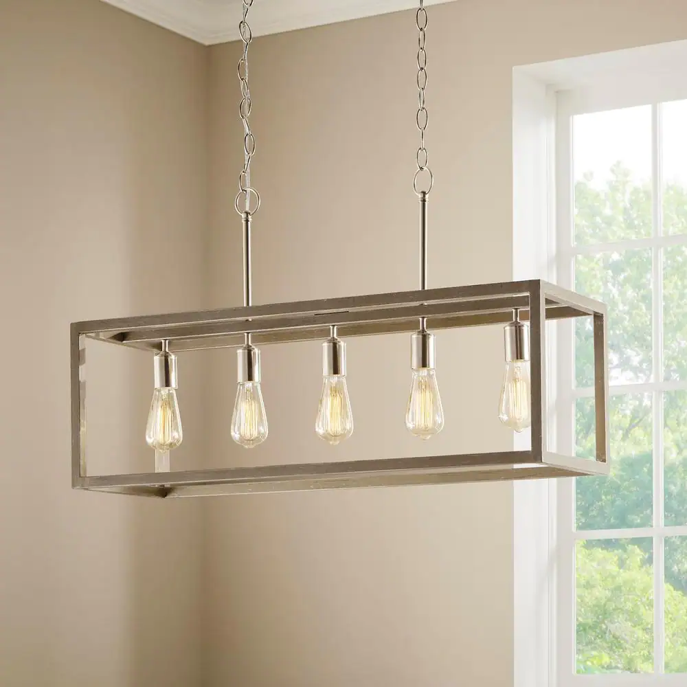 Hampton Bay Boswell 7965HBBNDI Quarter 34 in. 5-Light Brushed Nickel Farmhouse Linear Chandelier with Weathered Wood Accents