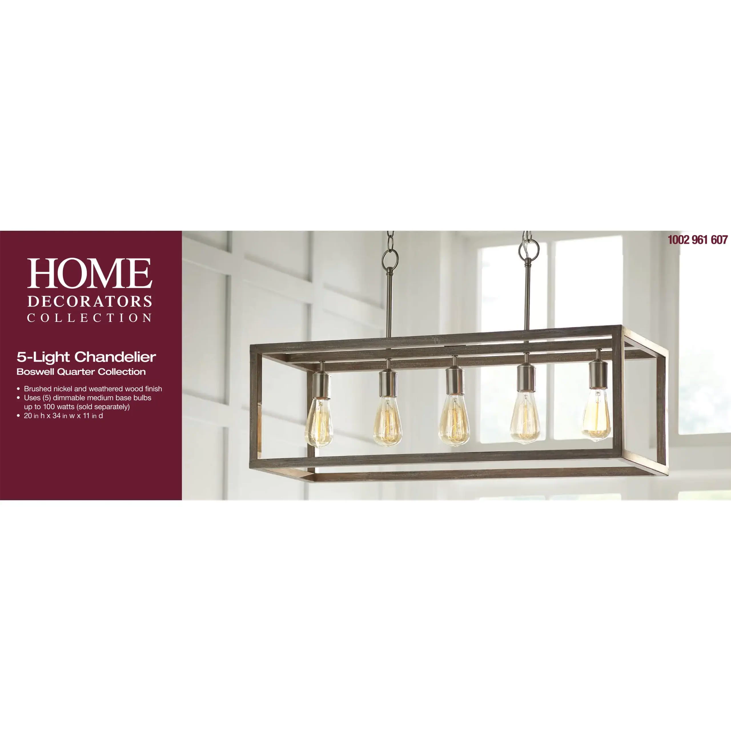 Hampton Bay Boswell 7965HBBNDI Quarter 34 in. 5-Light Brushed Nickel Farmhouse Linear Chandelier with Weathered Wood Accents
