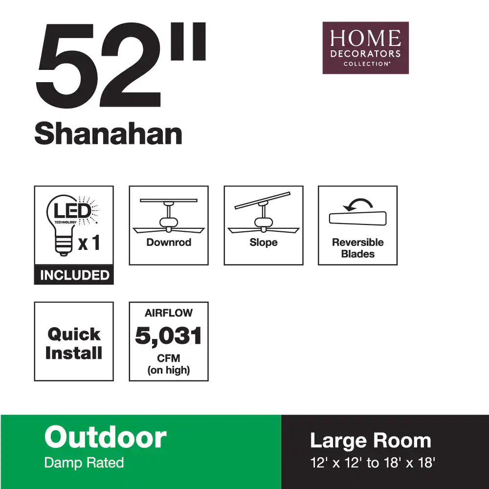 Home Decorators Collection 59201 Shanahan 52 in. Indoor/Outdoor LED Bronze Ceiling Fan with Light Kit, Downrod and Reversible Blades