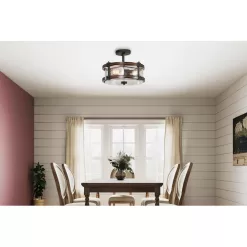 Alternative view of Kichler  Barrington 3-Light 14-in Distressed Black and Wood Tone Incandescent Semi-flush Mount Light