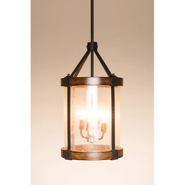 Kichler Barrington 4-Light Distressed Black and Wood Tone Rustic Seeded Glass Cylinder Pendant Light - Image 3