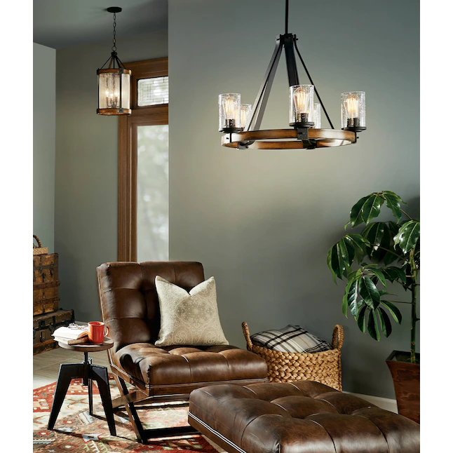 Kichler Barrington 4-Light Distressed Black and Wood Tone Rustic Seeded Glass Cylinder Pendant Light - Image 6