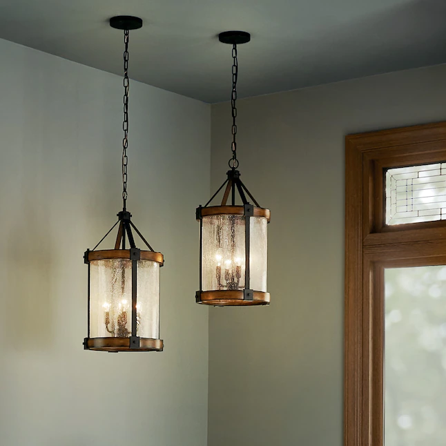Kichler Barrington 4-Light Distressed Black and Wood Tone Rustic Seeded Glass Cylinder Pendant Light - Image 7