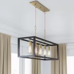 Hampton Bay Boswell Quarter 34 in. 5-Light Vintage Brass Farmhouse Linear Island Chandelier with Black Distressed Wood Accents