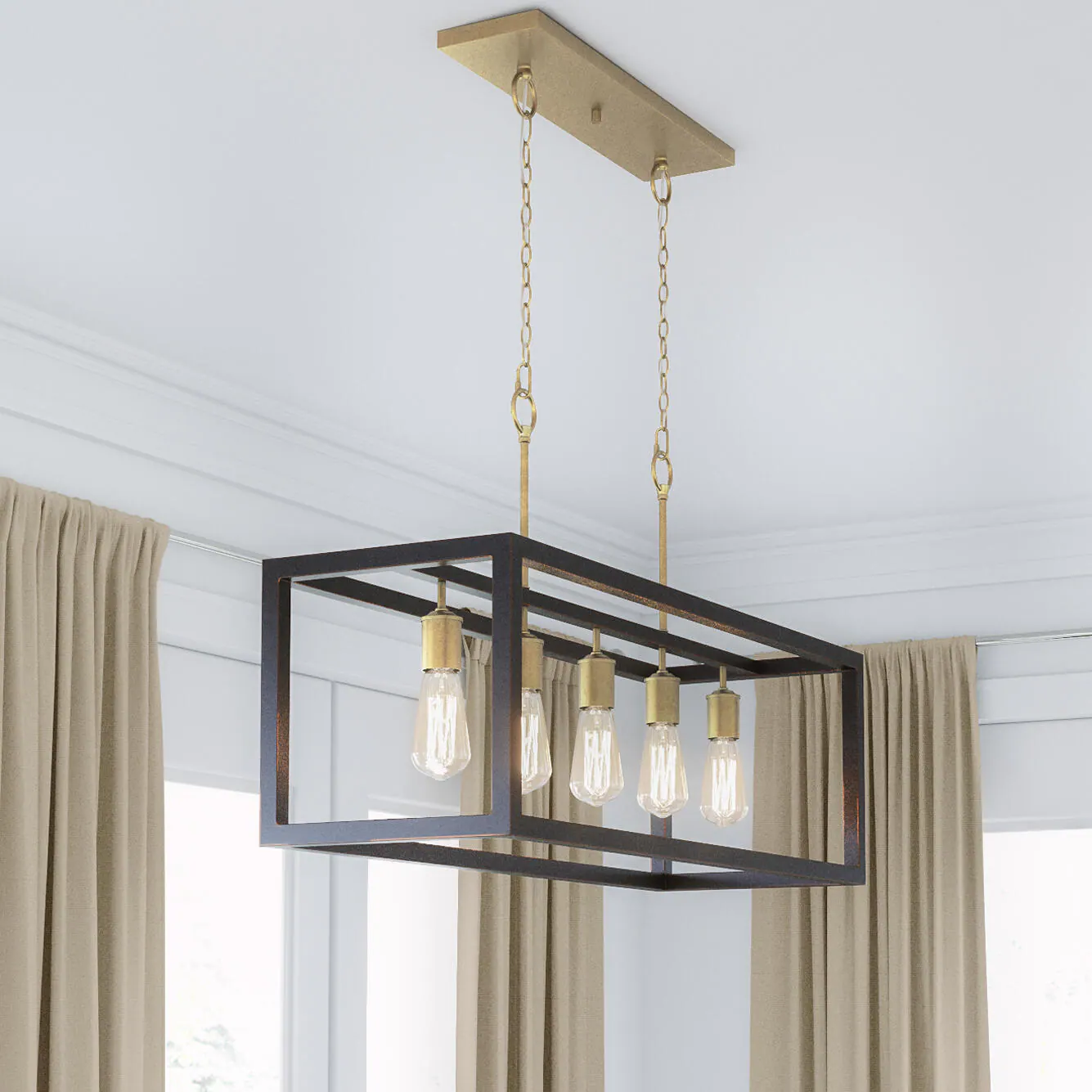Hampton Bay Boswell Quarter 34 in. 5-Light Vintage Brass Farmhouse Linear Island Chandelier with Black Distressed Wood Accents