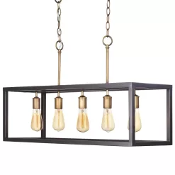 Hampton Bay Boswell Quarter 34 in. 5-Light Vintage Brass Farmhouse Linear Island Chandelier with Black Distressed Wood Accents