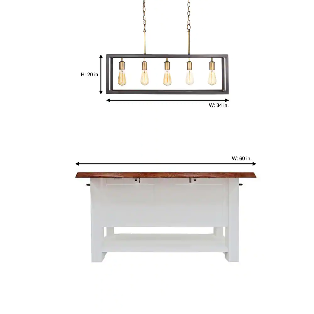Hampton Bay Boswell Quarter 34 in. 5-Light Vintage Brass Farmhouse Linear Island Chandelier with Black Distressed Wood Accents