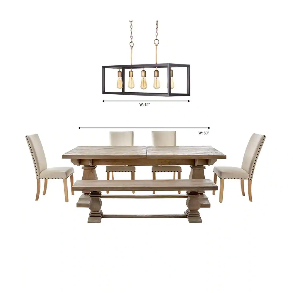 Hampton Bay Boswell Quarter 34 in. 5-Light Vintage Brass Farmhouse Linear Island Chandelier with Black Distressed Wood Accents